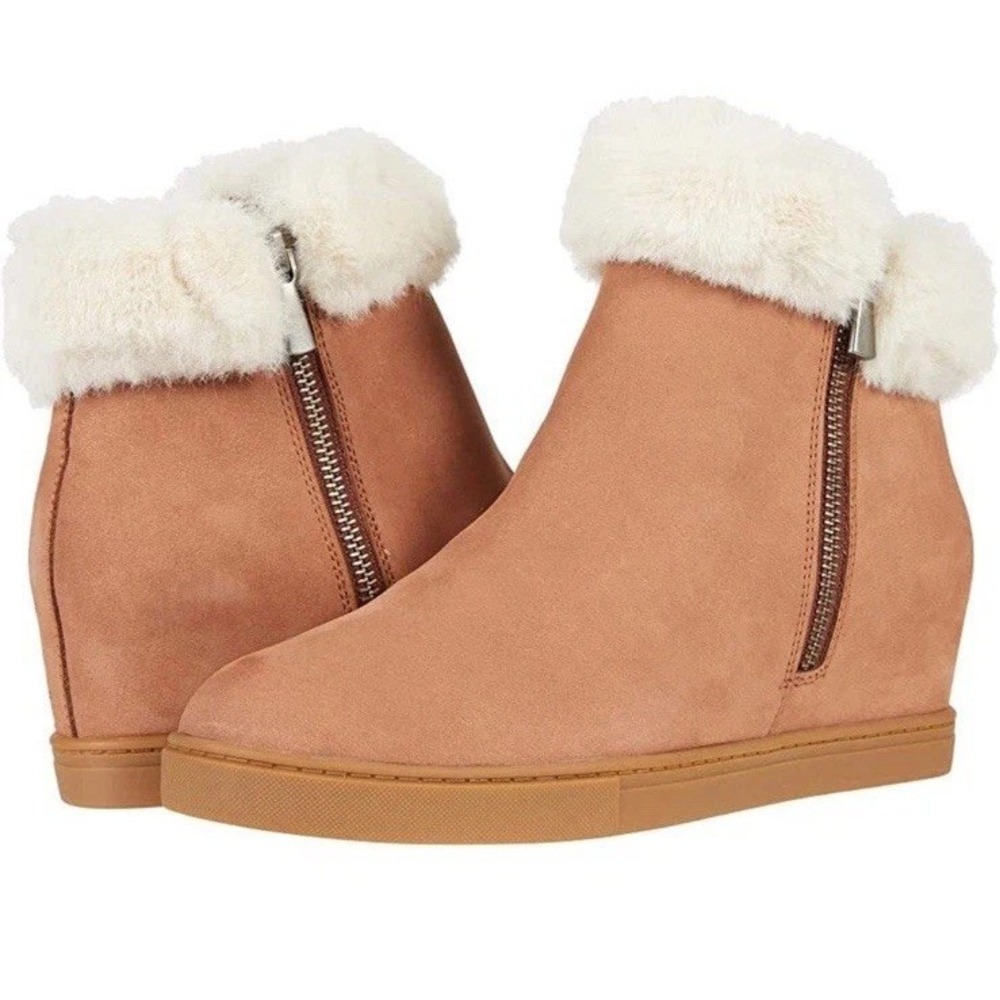 LINEA PAOLO Flossie Coconut Brown Nubuck White Faux Fur Wedge Bootie Boots 10M